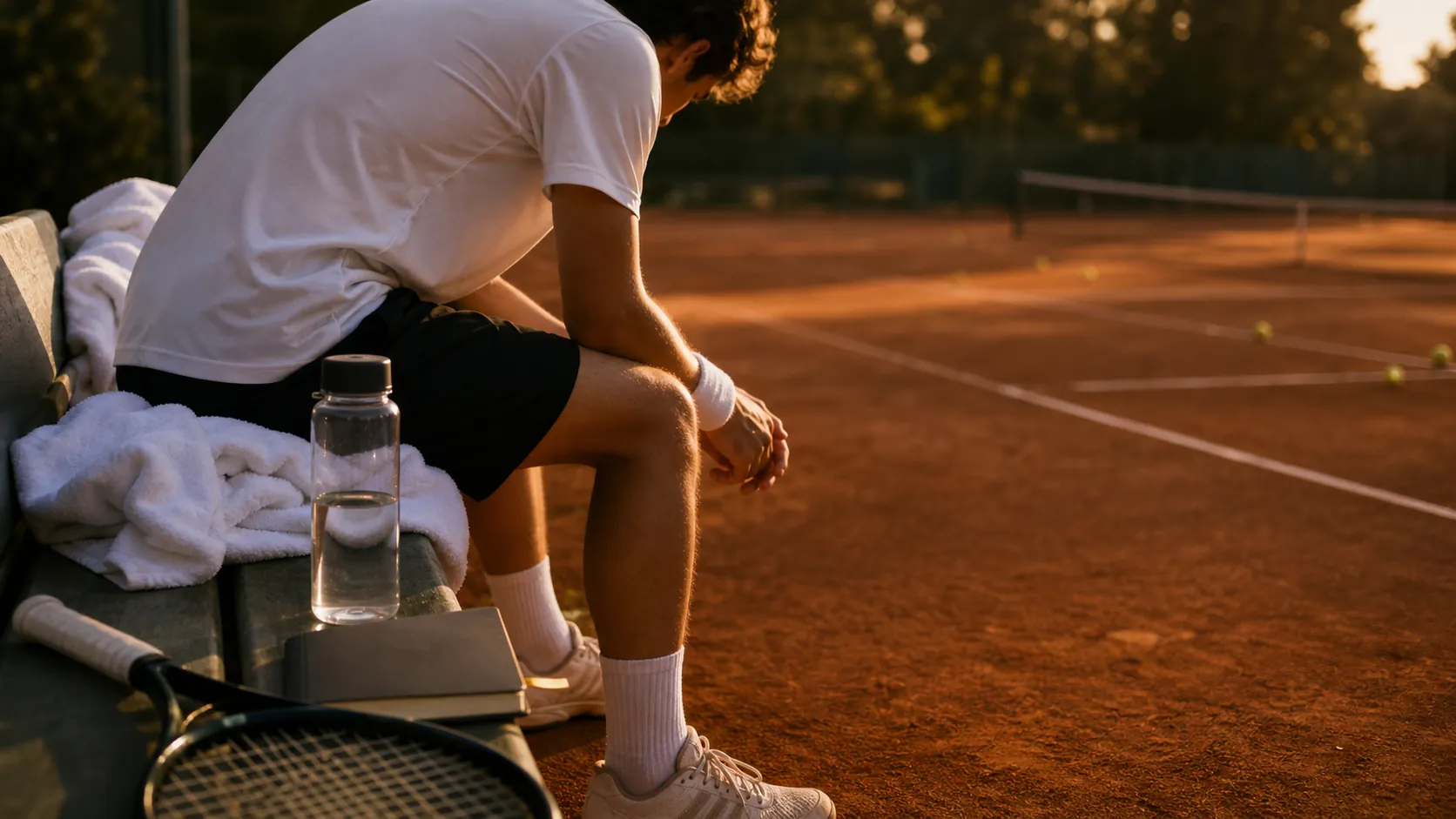 A tennis ball on a clay court line at sunset